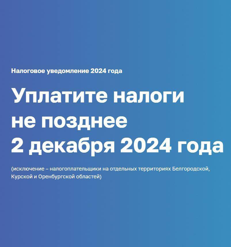 Срок уплаты транспортного, земельного налогов, налога на имущество физических лиц и налога доходы физических лиц, не удержанного налоговым агентом, за 2023 год истекает 2 декабря 2024 года